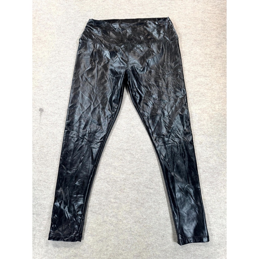 Women Faux Leather Leggings Size 30W Black Ankle Length Casual High Rise Pull On